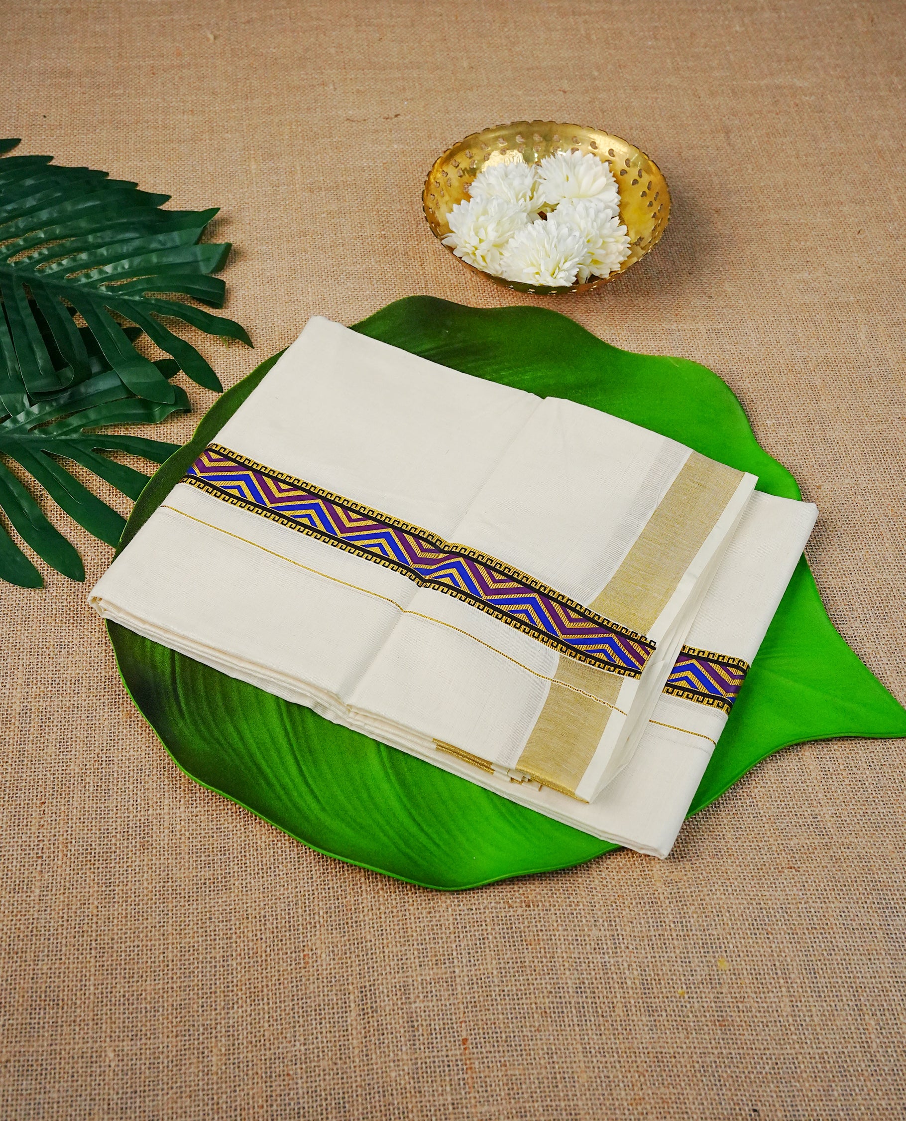Cream Colour Cotton Double Dhoti Finished With A Classic Golden Zari Kara with zigzag digital print
