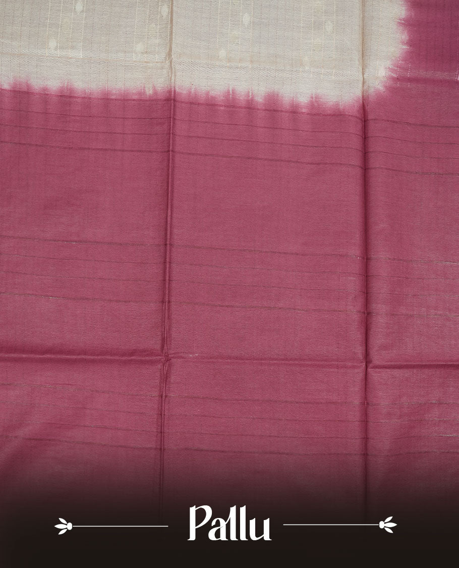 Cream & Maroon dye pattern colour semi jute saree highlighting white stripped body, without border and paired with matching blouse.