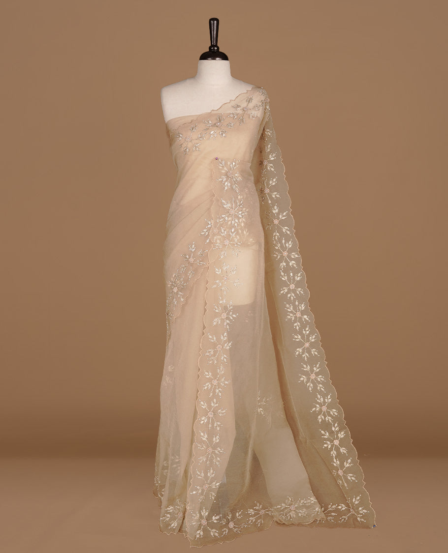 Light coffee colour crush organza saree featuring gold thread floral and stone worked body, highlighting scalp designed border, paired with matching blouse piece.
