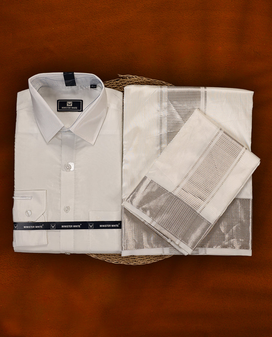 White silver colour MINISTER WHITE shirt with a smooth finish, paired with a matching white dhoti accentuated by an elegant silver zari border, creating a timeless and graceful traditional ensemble.