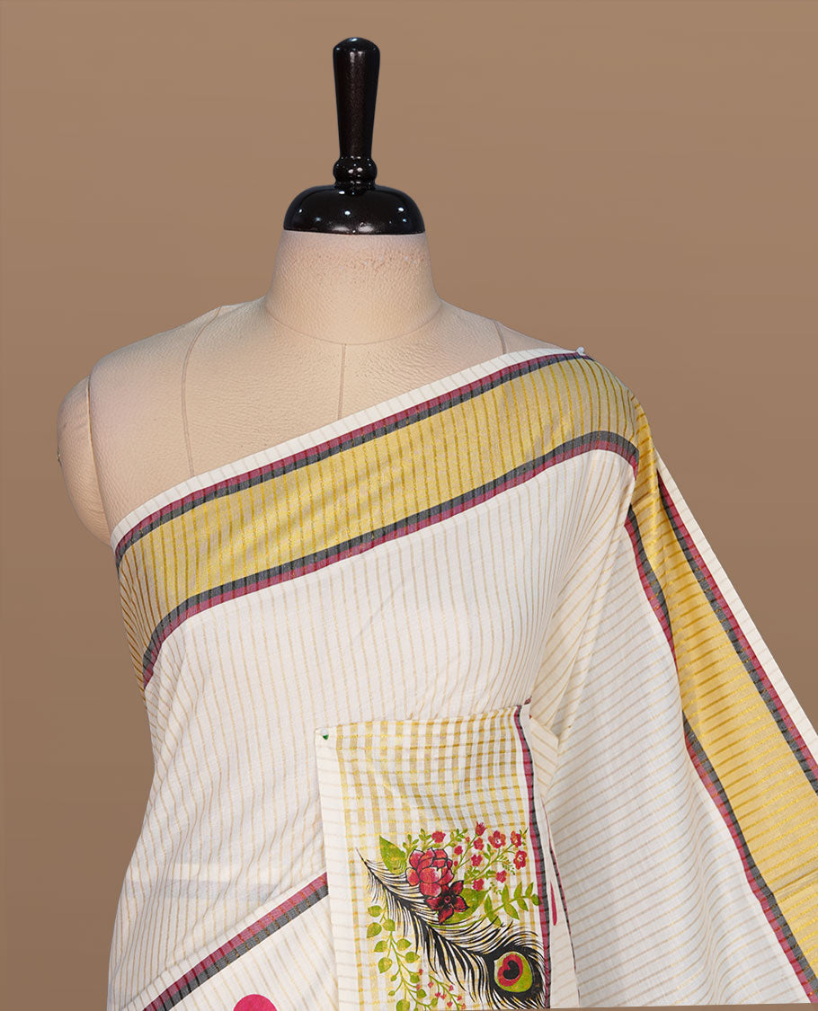 Off white color kerala cotton saree featuring gold zari stripes on body, complemented by Red & black, gold zari with peacock leaf printed border, paired with matching blouse piece.