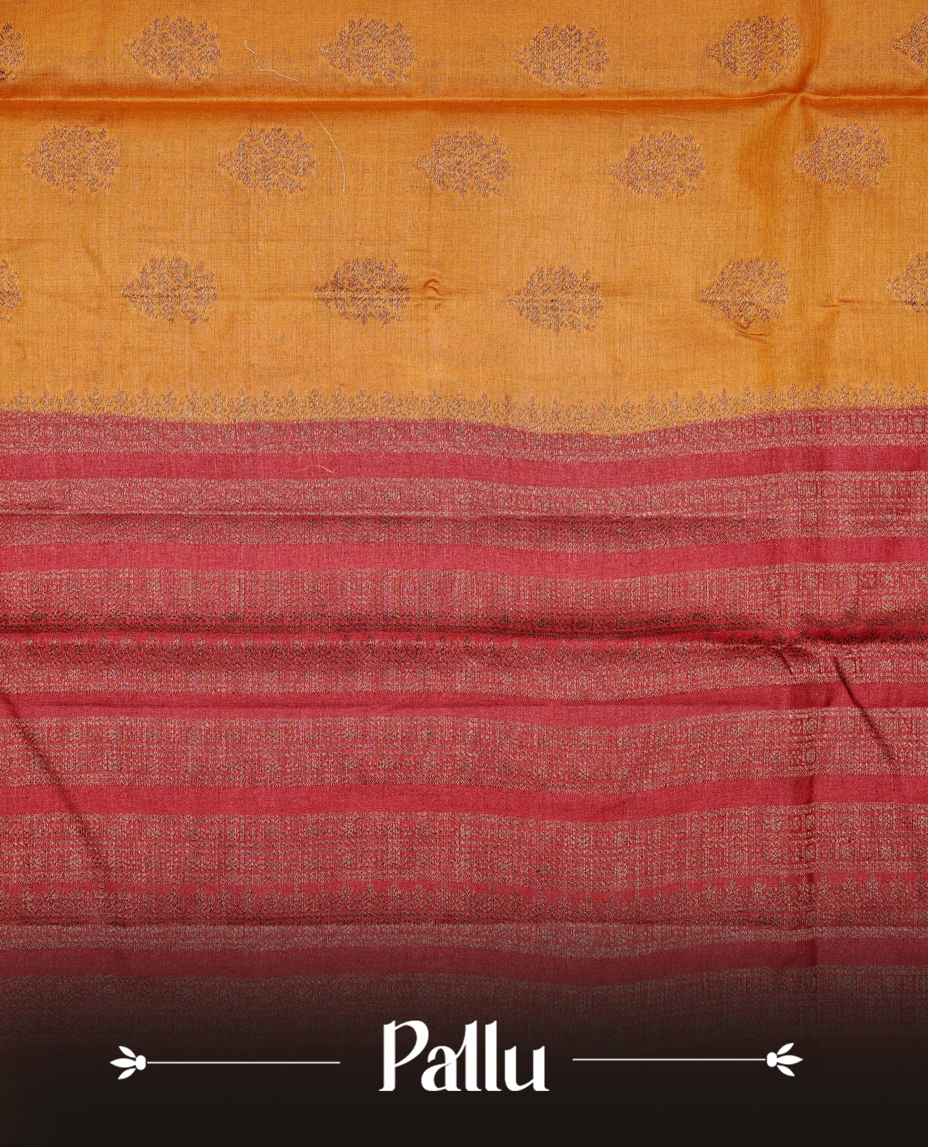Mustard colour pure tussar banaras silk saree featuring gold zari motifs on body, highlighting contrast Maroon colour with zari border, paired with matching blouse piece.