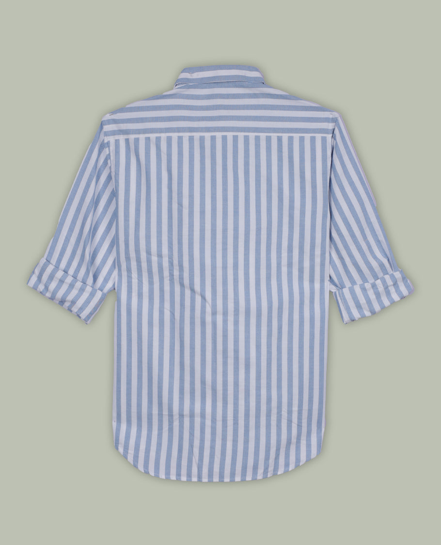 White and blue colour striped shirt in soft cotton, featuring vertical lines for a sleek, timeless look, Designed with a classic collar and full sleeves, it blends effortless style with everyday comfort.