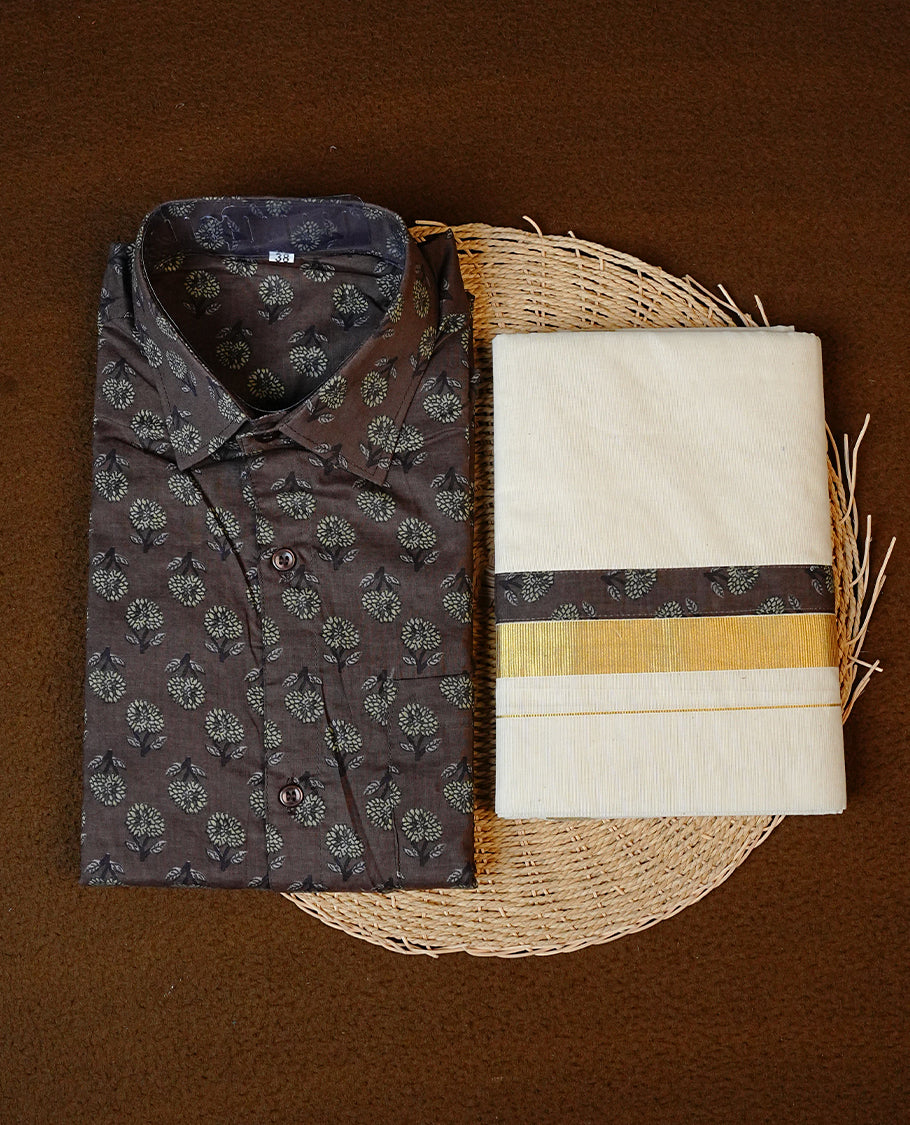 Dark Brown Colour Half-Sleeve Shirt With Floral Prints, Paired with a Cotton Double Dhoti Featuring Matching Prints.