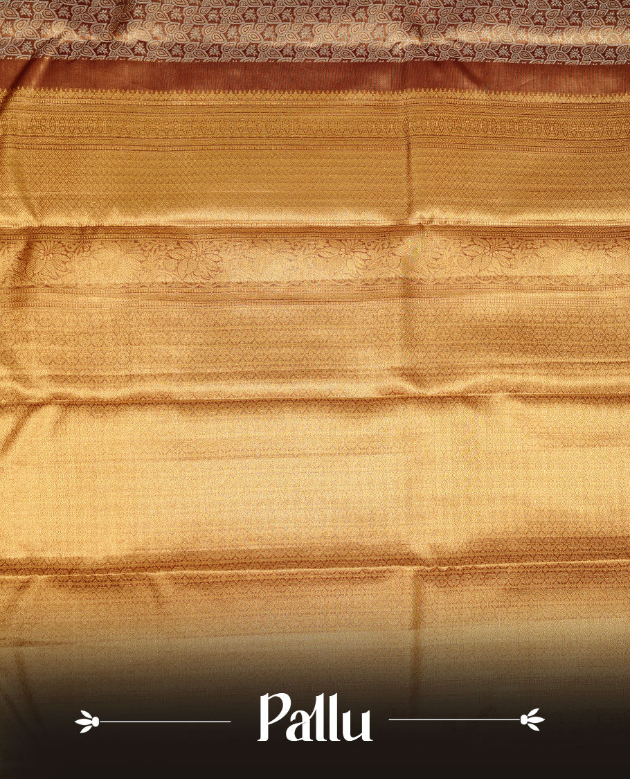 Gold & chocolate double shade colour kancheepuram tissue silk saree featuring gold zari floral kodi pattern on body, complemented by contrast maroon colour with traditional border, paired with matching blouse piece.