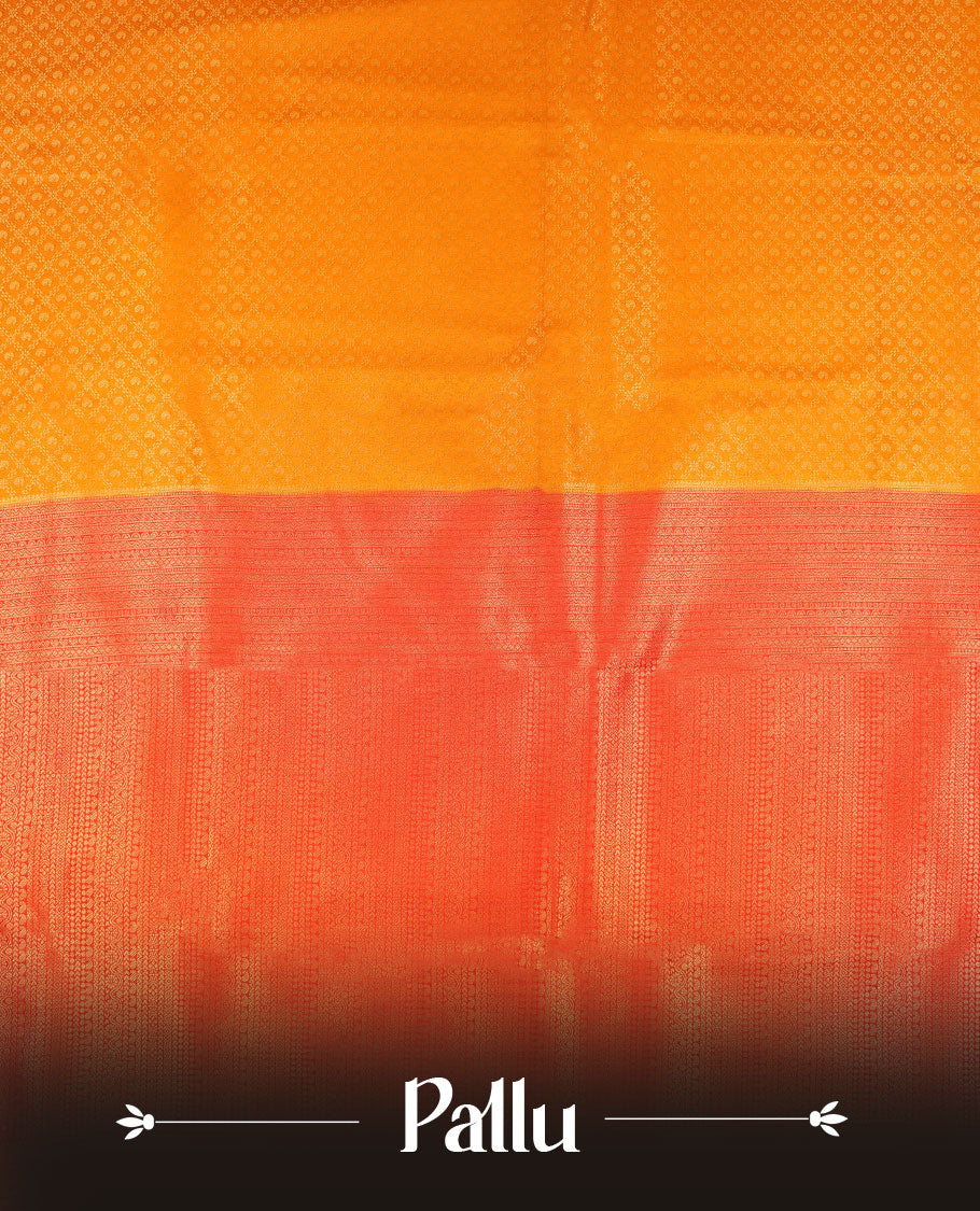 Orange colour semi silk brocade saree featuring intricate Gold Floral Square kodi patterns across the body, complemented by a contrast red colour woven border and pallu, paired with a matching blouse.