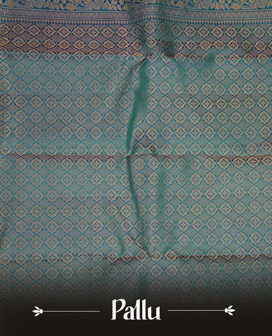 Peacock blue colour Kancheepuram silk saree featuring zari meena jacquard on body with traditional border, paired with matching blouse piece.