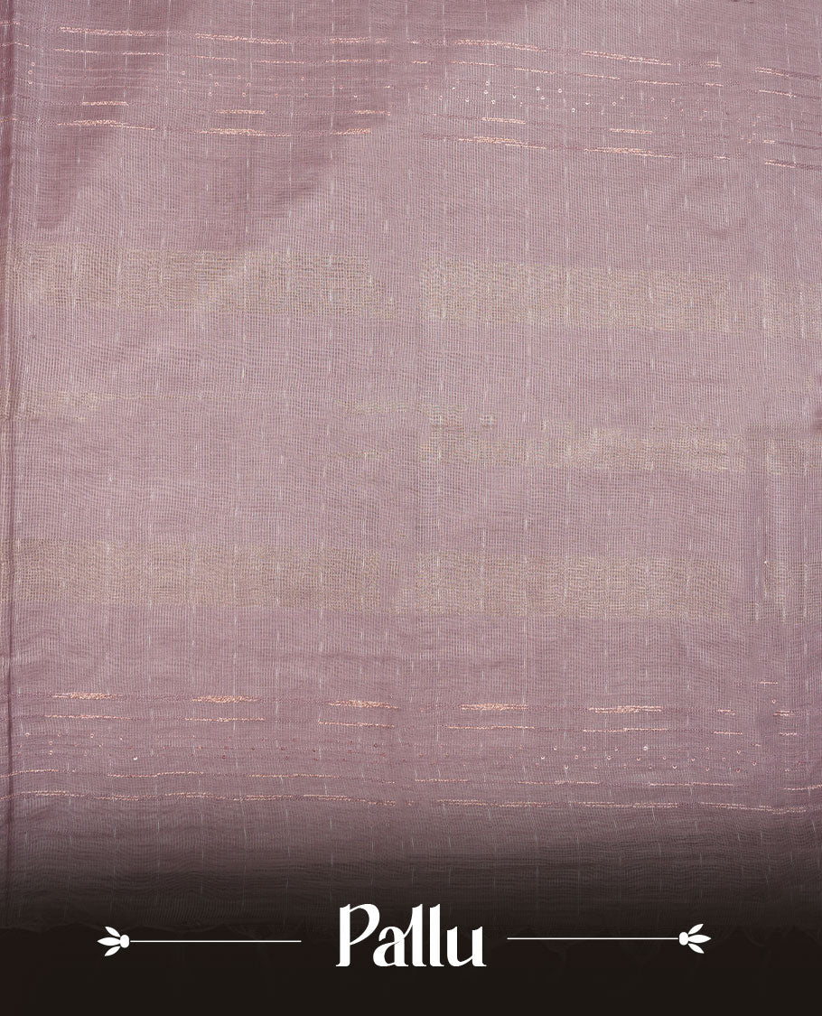 Light lavender colour semi jute saree highlighting gold zari striped body, without border and paired with matching blouse.