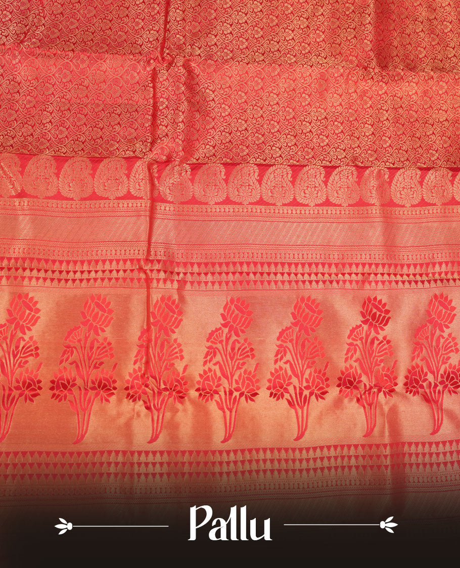 Cherry red colour kancheepuram silk saree featuring floral zari jacquard on body with traditional zari border, paired with matching blouse piece.