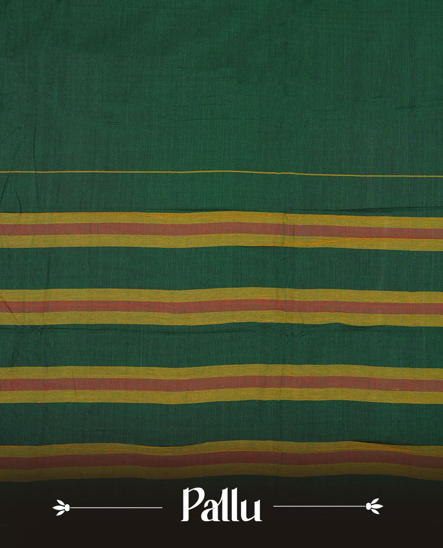 Dark green colour Narayanapattu cotton saree featuring a self coloured body, contrast deep red colour with gold zari border and pallu, pairing a matching blouse piece.