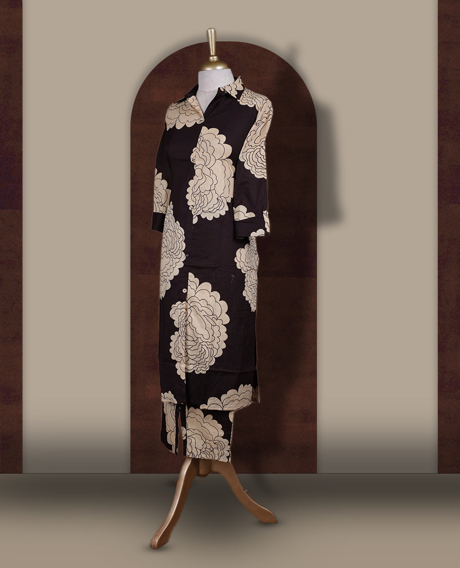 Dark coffee brown colour cotton coord set featuring charming bold cream colour floral prints all over, Designed with a classic shirt collar and 3/4 sleeves, paired with matching straight pants for a trendy, relaxed, and comfy everyday look.