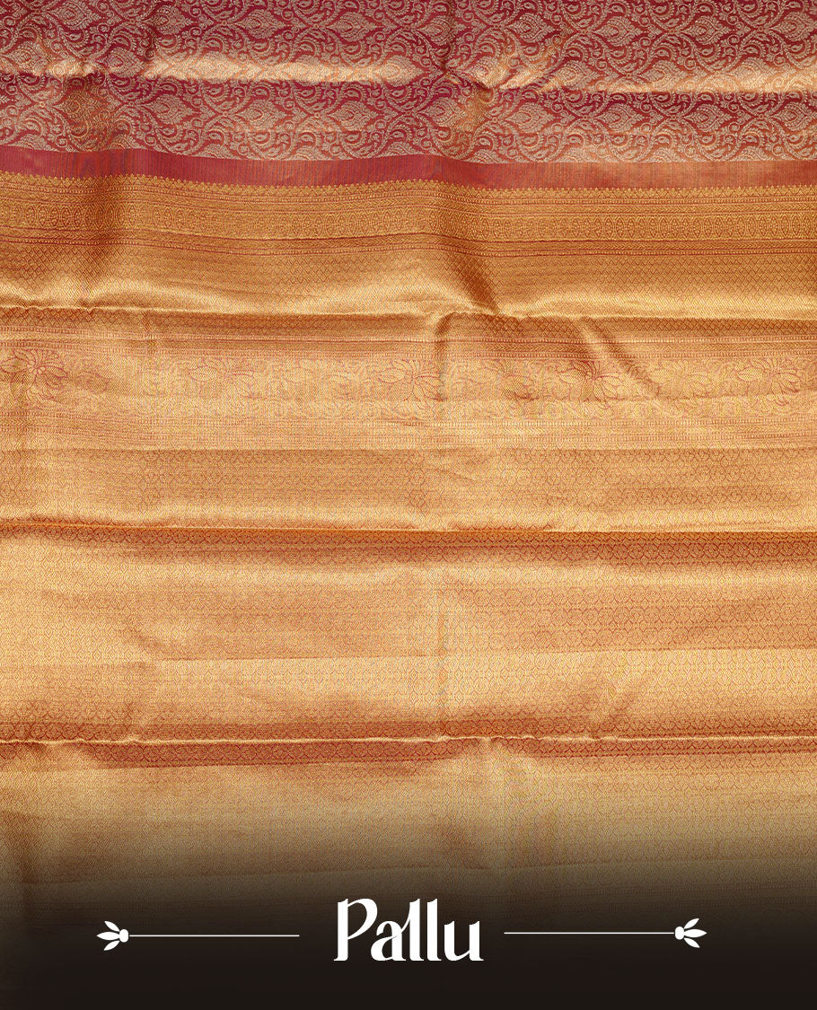 Gold & Magenta double shade colour kancheepuram tissue silk saree featuring gold zari floral kodi pattern on body, complemented by contrast magenta colour with traditional border, paired with matching blouse piece.