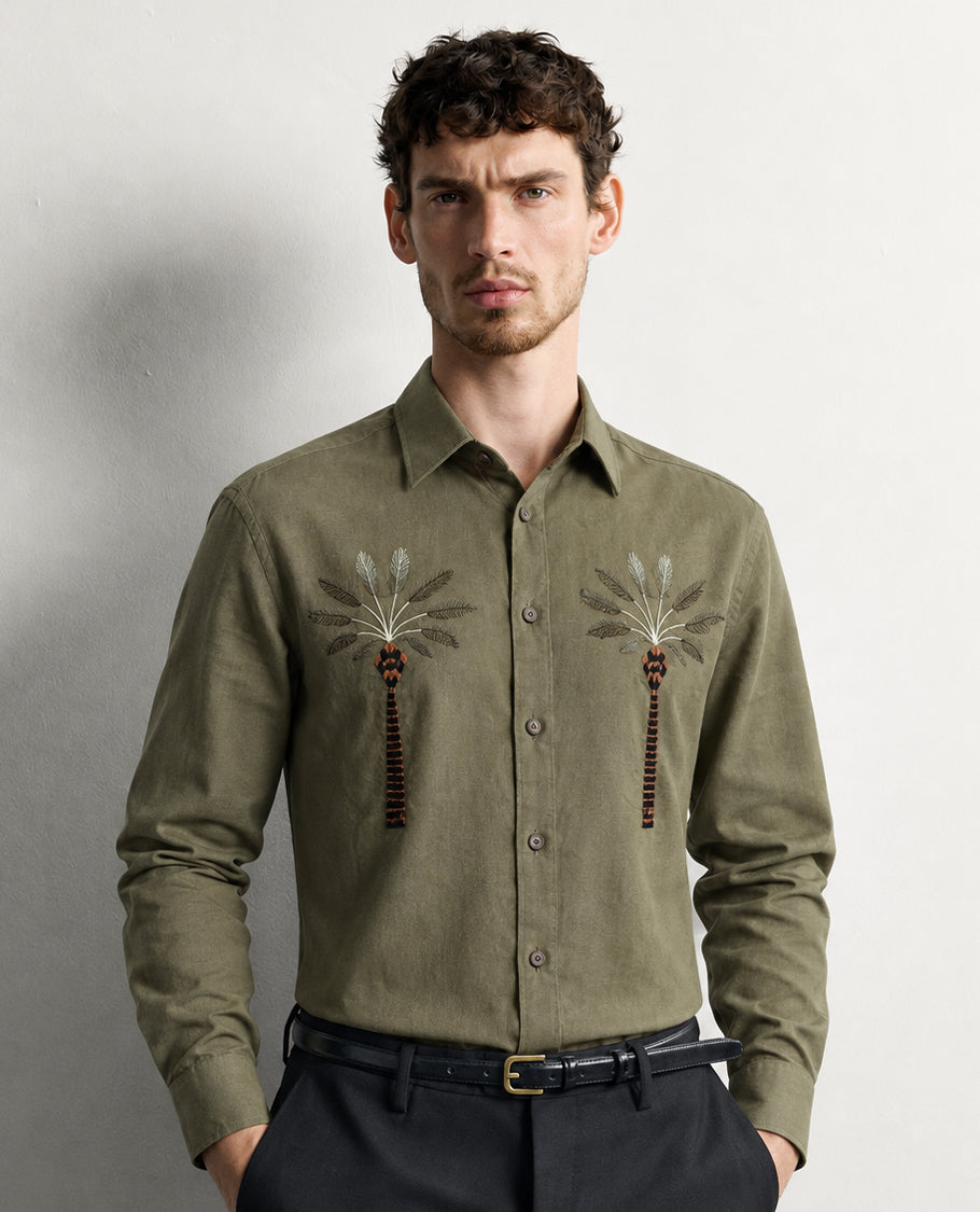 Olive colour shirt Tree pattern body, Full sleeve.