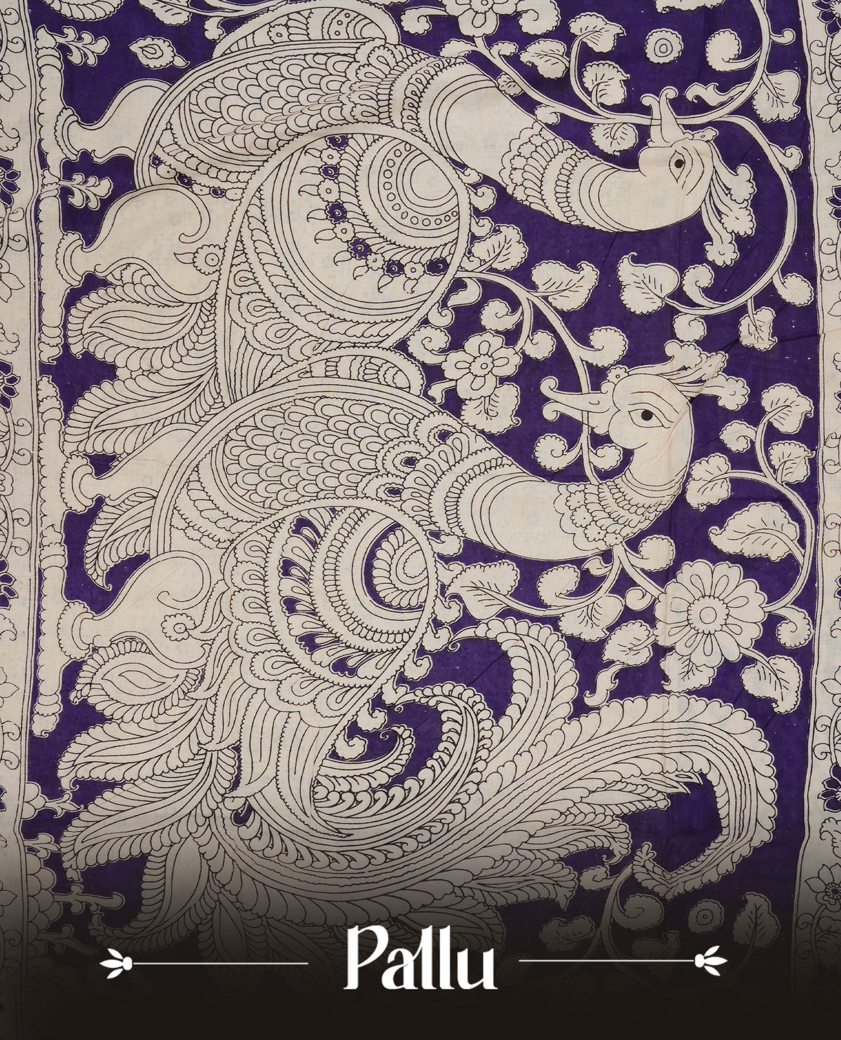 Cream & Purple colour kalamkari cotton saree featuring kalamkari printed body & pallu, paired with a matching contrast blouse piece.
