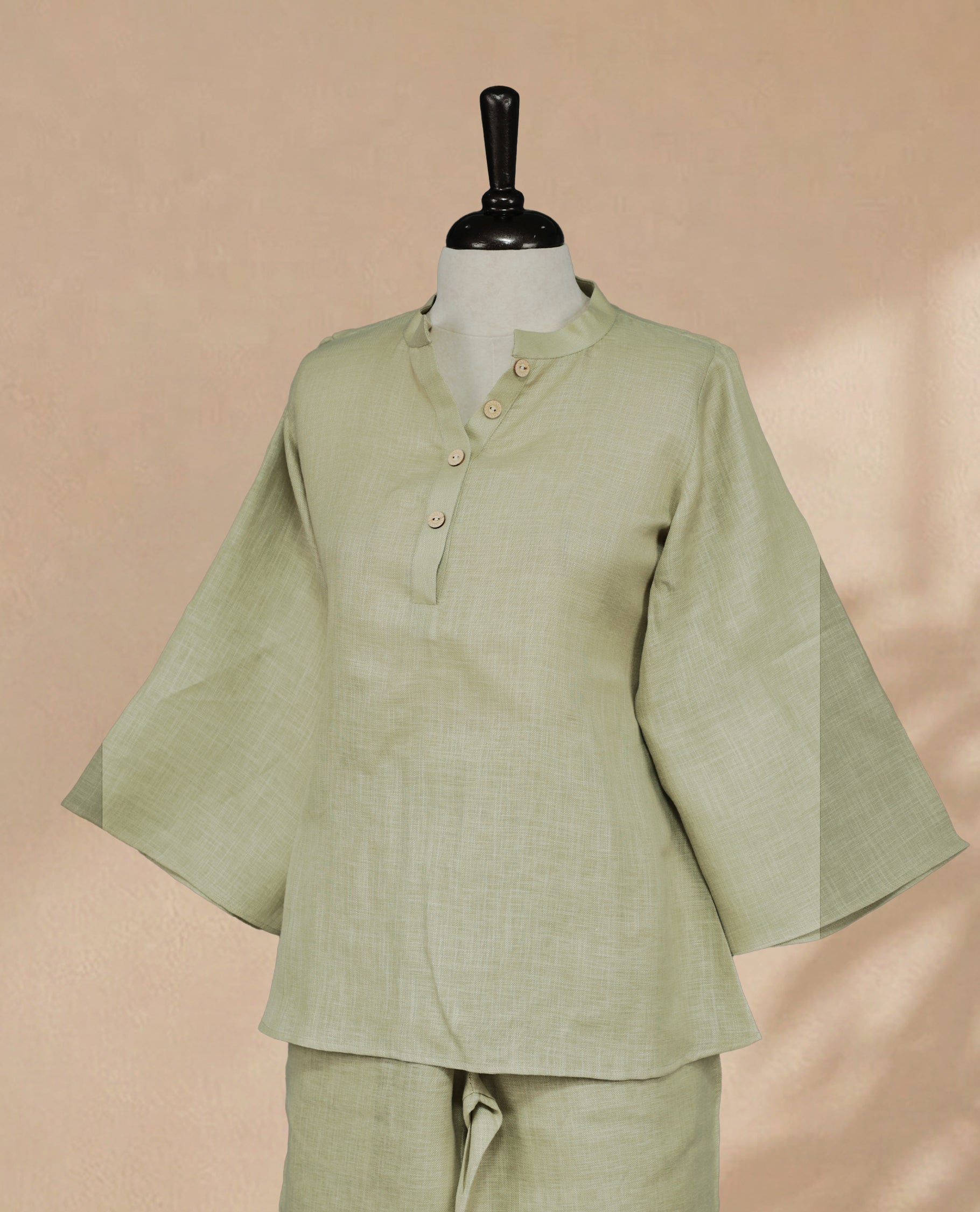 Women Two Piece Light Green Colour Co-Ord Set with Mandarin Collar, Button Detail and Sleeves