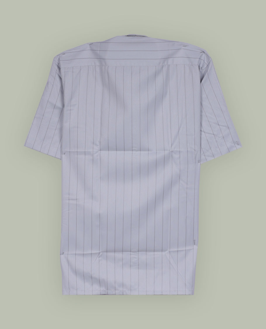 Light grey colour short sleeve shirt featuring an intricate vertical stripes, Made from smooth, lightweight fabric with a subtle sheen. Includes a classic collar and button down front.