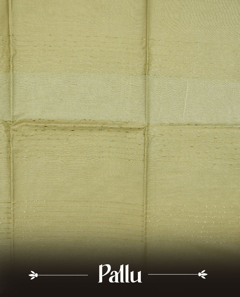 Pastel green colour semi jute saree highlighting white thread motifs on body, without border and paired with matching blouse.