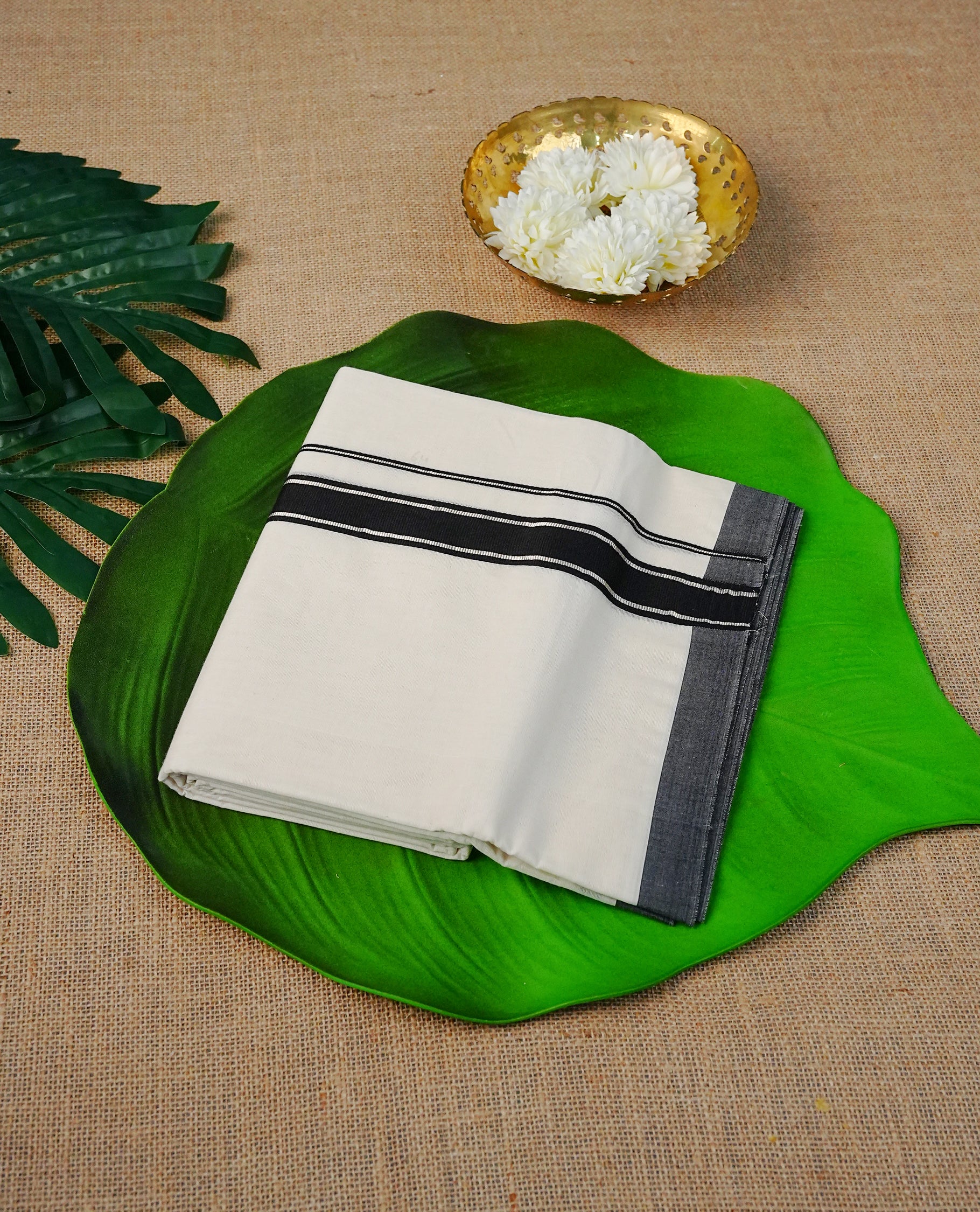 Cream Colour Cotton Double Dhoti Finished With A Classic Silver Zari & black Kara
