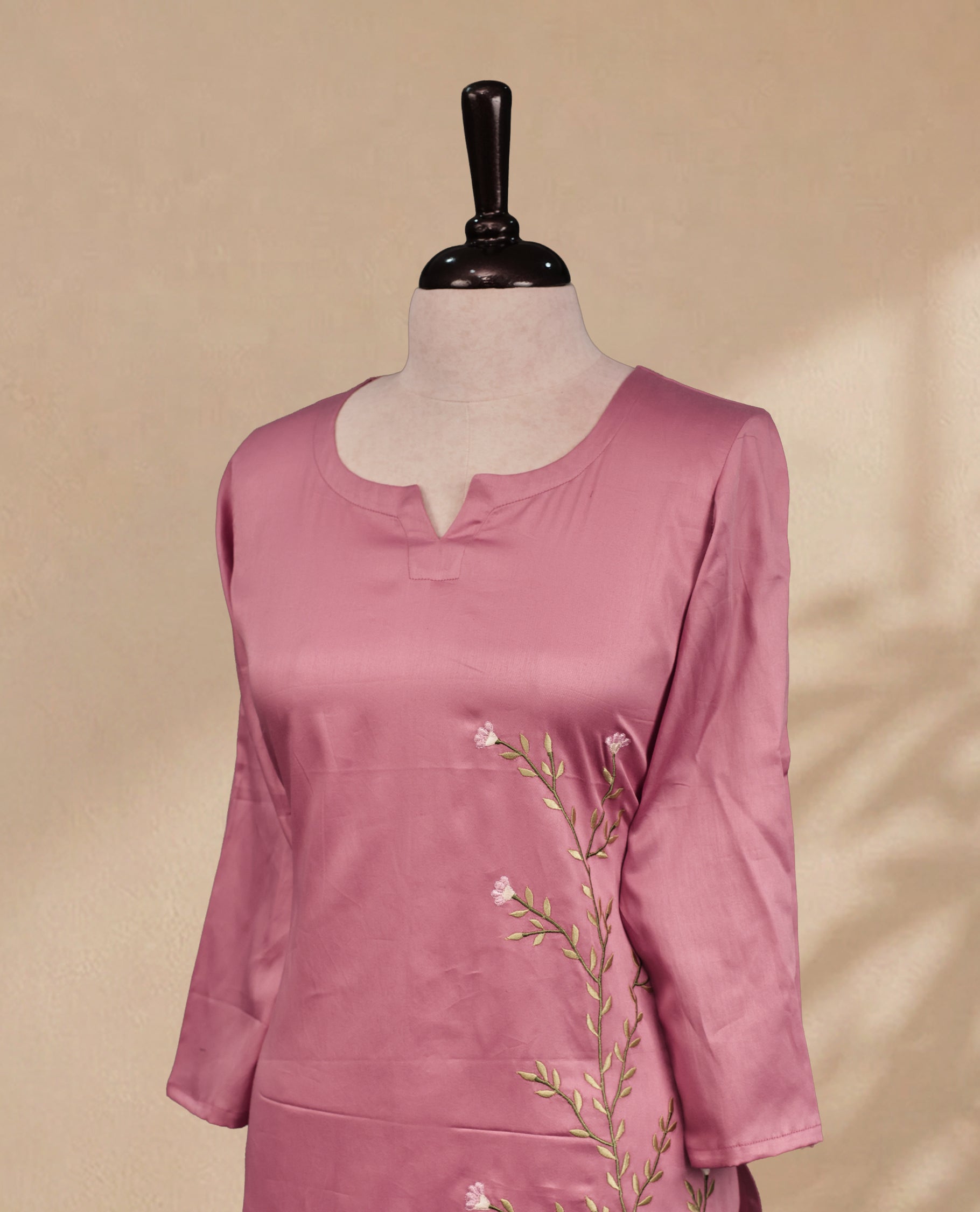 Pink Colour Kurti Featuring U-Shaped Neckline, delicate floral vine embroidery Work On Body & Sleeve