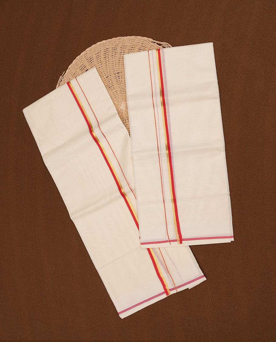 Off white colour cotton set mundu highlights gold and red simple border (2.00/2.80 MTS)