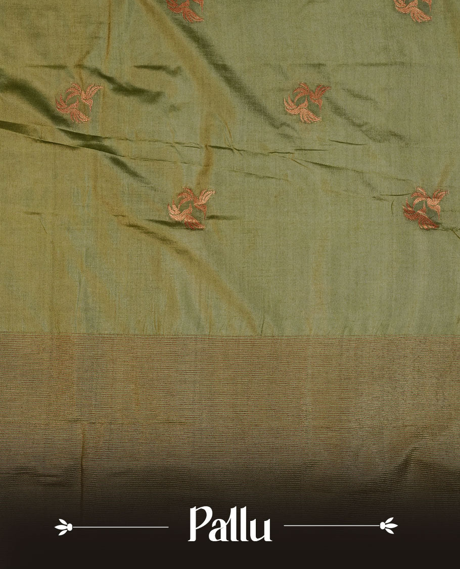 Olive colour semi banaras tussar silk saree highlighting gold zari bird motifs on body, complemented by self colour with antique zari border, paired with matching blouse piece.