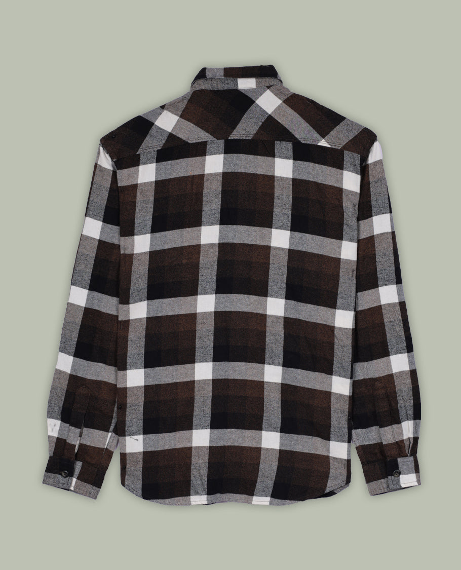 Brown, black, and white checked shirt featuring a classic collar and full sleeves, Crafted from soft fabric for comfort, its a versatile piece perfect for both casual outings and relaxed office wear.