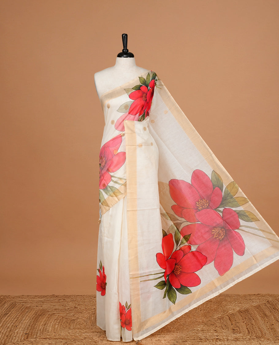 Cream Colour Organza Kerala Saree Featuring Red floral Printed Motifs On The Body, Enhance By A Gold Zari, Paired With A Matching Blouse Piece.