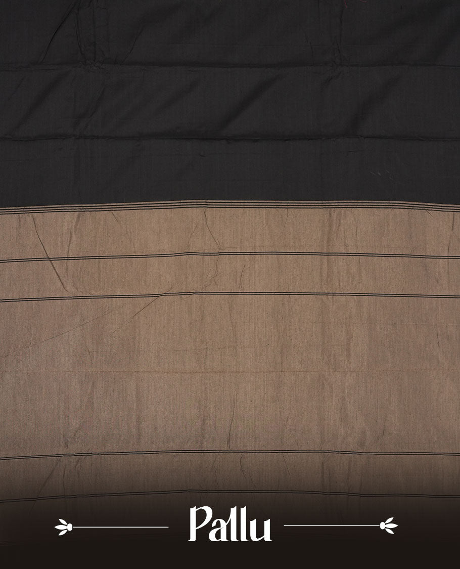 Black colour Narayanapattu cotton saree featuring a self coloured body, contrast cream colour zari border and pallu, pairing a matching blouse piece.