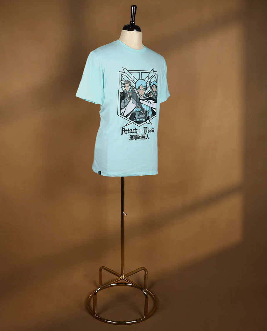 Aqua Blue colour men's T shirt featuring bold anime character print with Japanese text, made from soft fabric with half sleeves and a crew neck for a stylish and comfortable fit