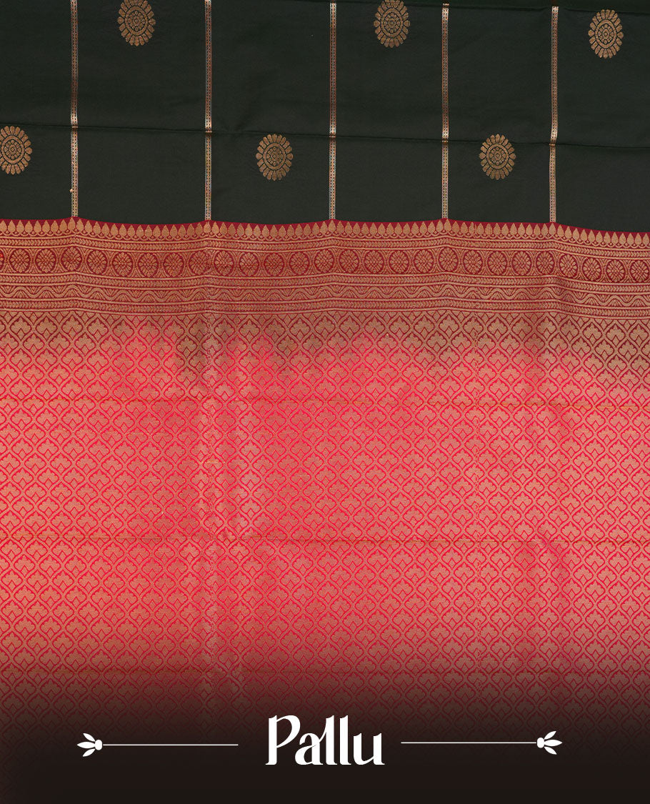 Dark green colour semi silk saree highlighting gold zari stripes and motifs across body, featuring contrast Pink colour border with gold zari pattern, comes with matching blouse.
