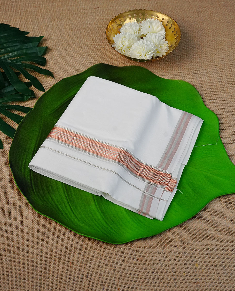 Off White Colour Cotton Double Dhoti Finished With A Classic Silver & Bronze Kasav Kara.