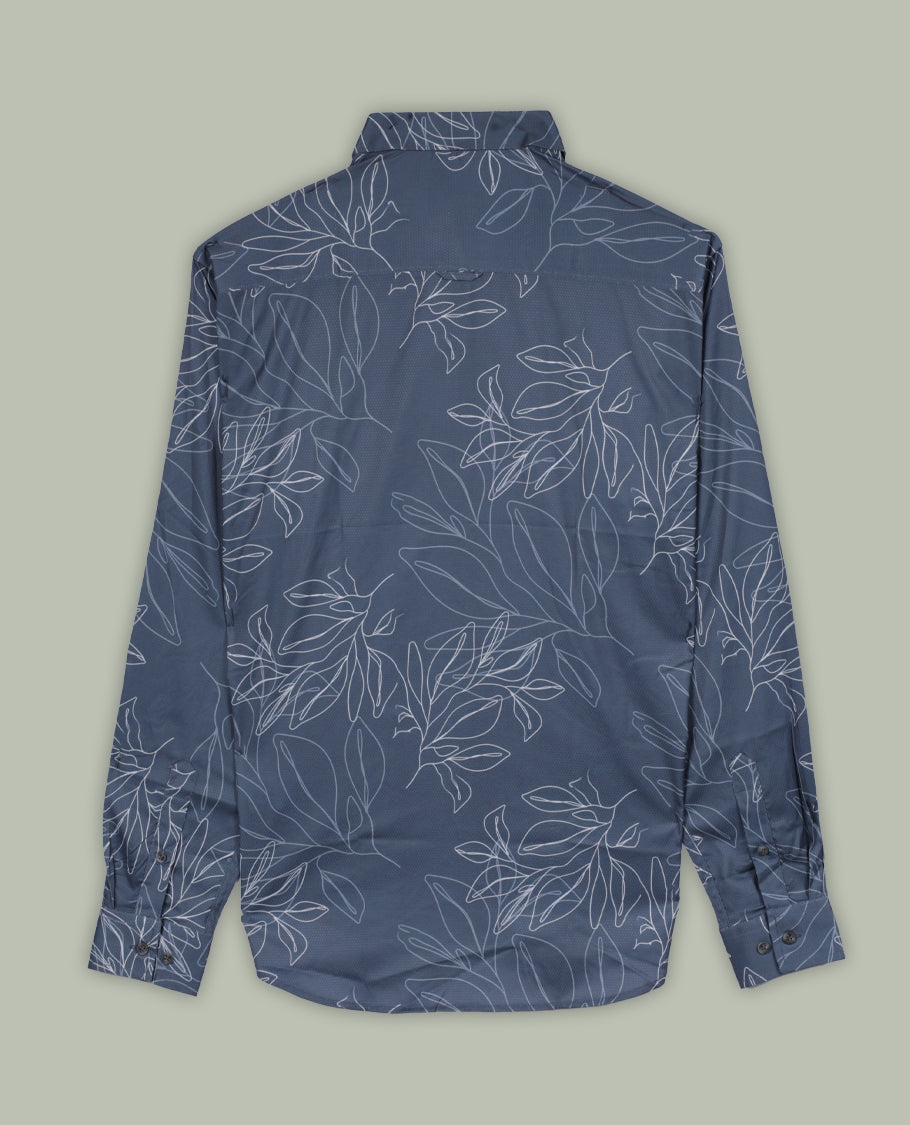 Grey colour shirt adorned with elegant white colour floral prints, Designed with a classic collar and full sleeves, this timeless piece offers a crisp and casual look, perfect for both work and weekend wear.