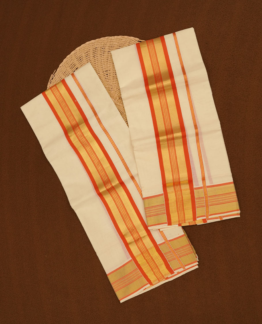Off white colour cotton set mundu highlights gold and orange zari border (2.00/2.80 MTS)