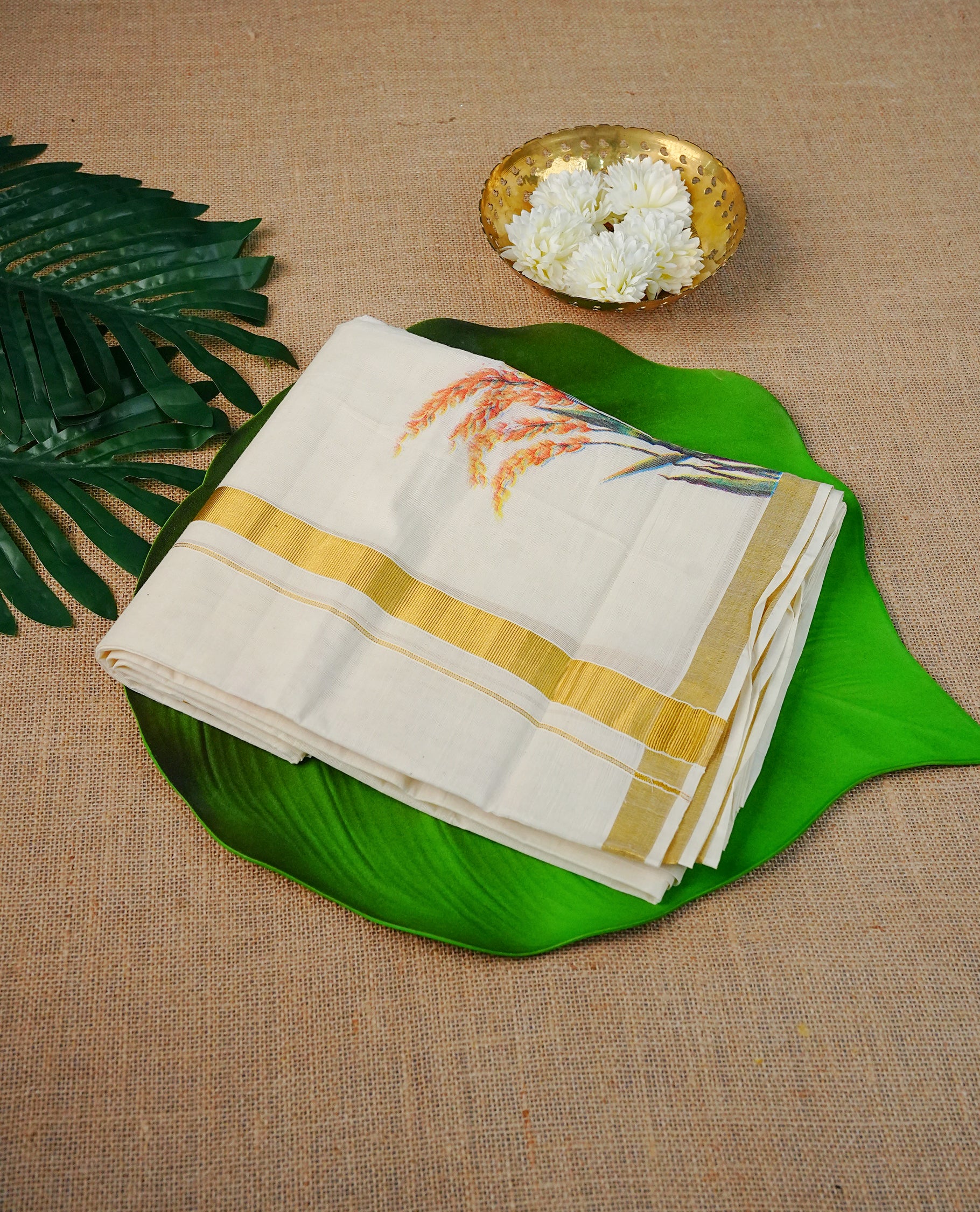 Cream Colour Cotton Double Dhoti Finished With A Classic Golden Zari Kara with Print