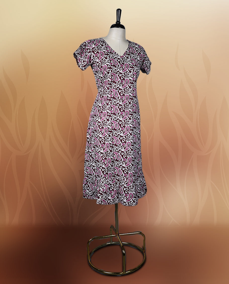 Chic printed nightwear featuring a deep grape colour and white paisley design, V neckline and short sleeves offer comfort, while the flared hem adds grace & Perfect for everyday wear or semi casual occasions.