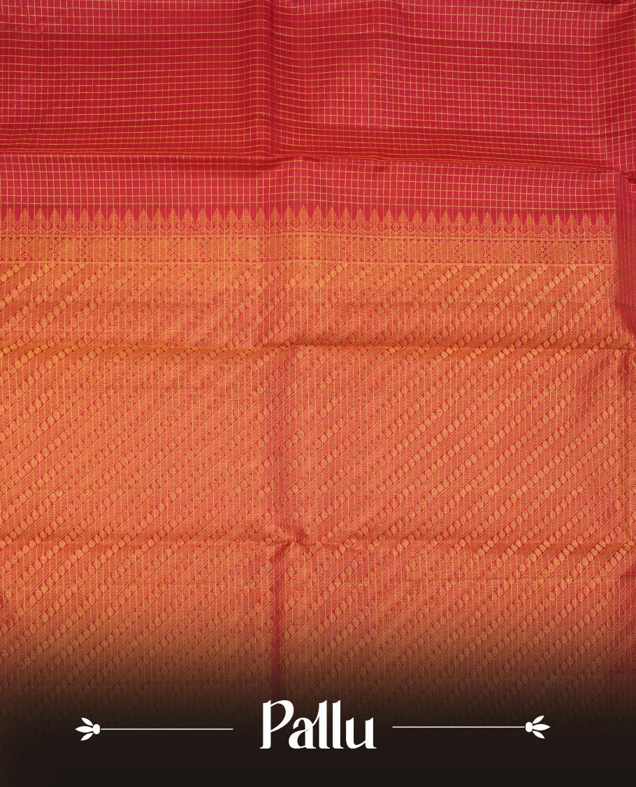 Red colour pure traditional Kancheepuram silk saree adorned with gold zari Checks across the body, featuring elegant traditional borders, beautifully paired with a matching blouse piece.