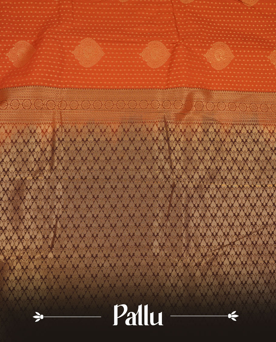 Rust orange colour semi silk saree featuring gold zari dotted stripes with motifs on body highlighting contrast dark chocolate gold zari mango border , paired with matching blouse