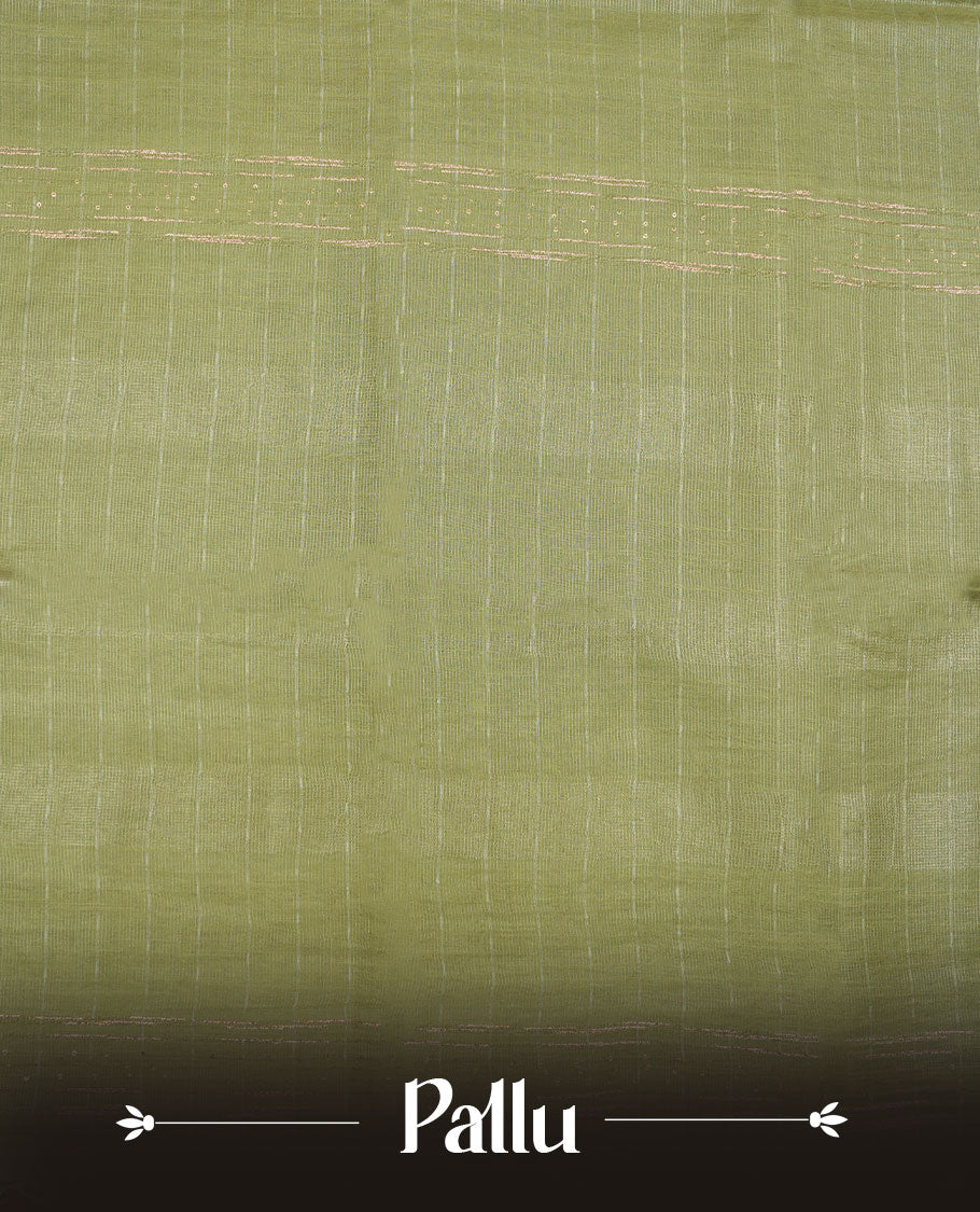 Pastel green colour semi jute saree highlighting gold zari striped body, without border and paired with matching blouse.