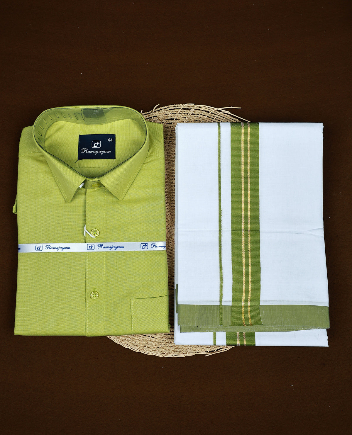 Lime Green colour RAMAJAYAM shirt paired with a matching dhoti, finishing with a Green & Gold kara