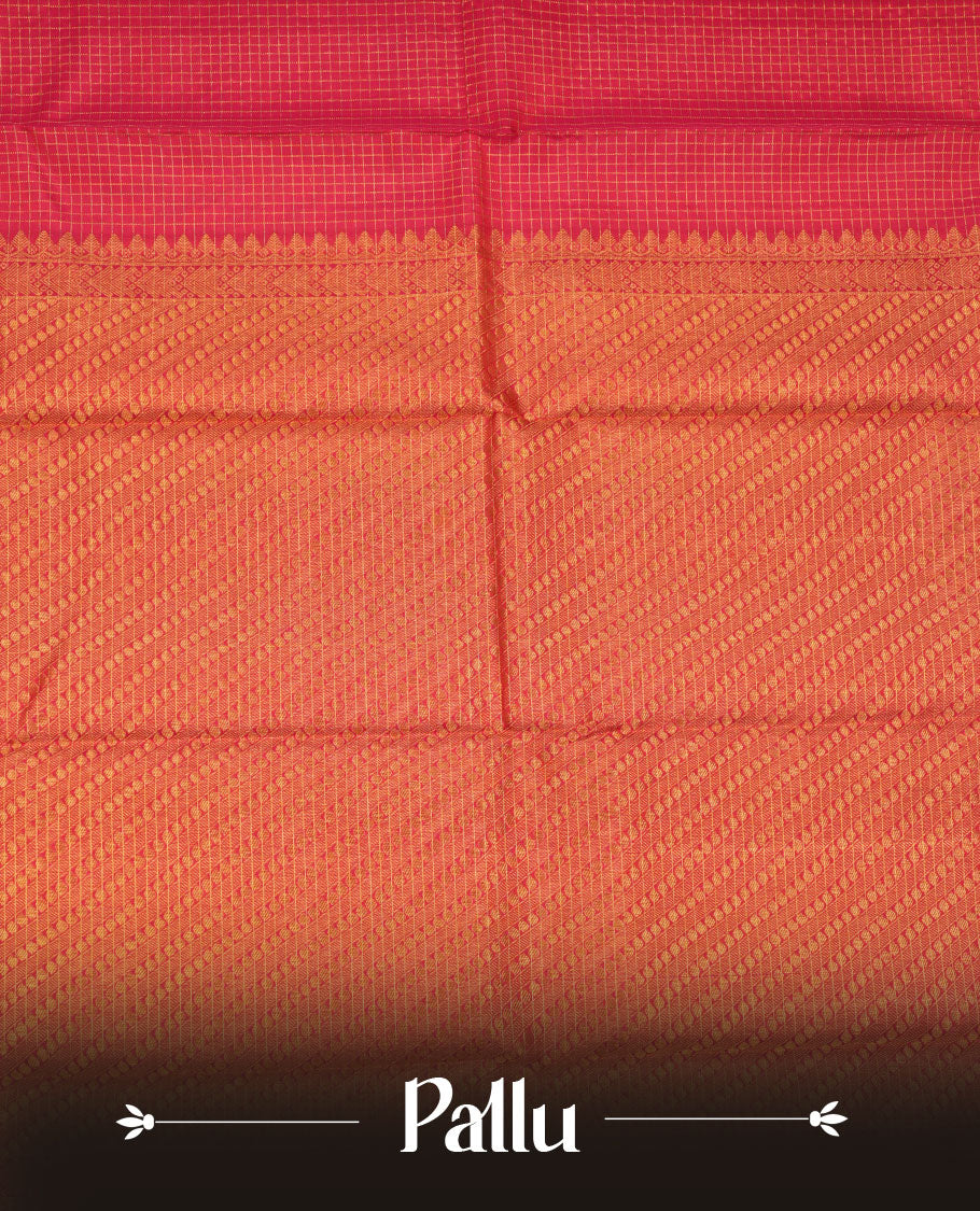 Rani Pink colour pure traditional Kancheepuram silk saree adorned with gold zari Checks across the body, featuring elegant traditional borders, beautifully paired with a matching blouse piece.