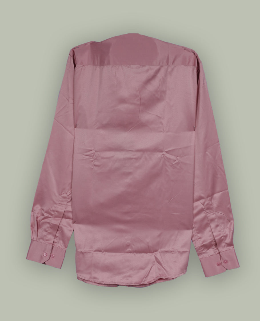 Rich pink colour satin shirt with a glossy finish, featuring a classic collar and full sleeves with broad cuffs, Designed with a front pocket and button-down style, adding a refined touch to formal or party looks.