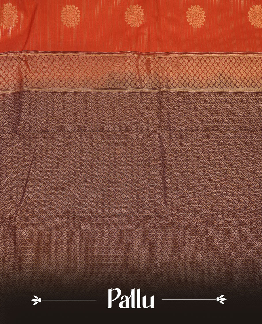 Dark Rust orange colour semi silk saree featuring gold zari stripes and floral motifs on body highlighting contrast dark chocolate gold zari peacock border , paired with matching blouse