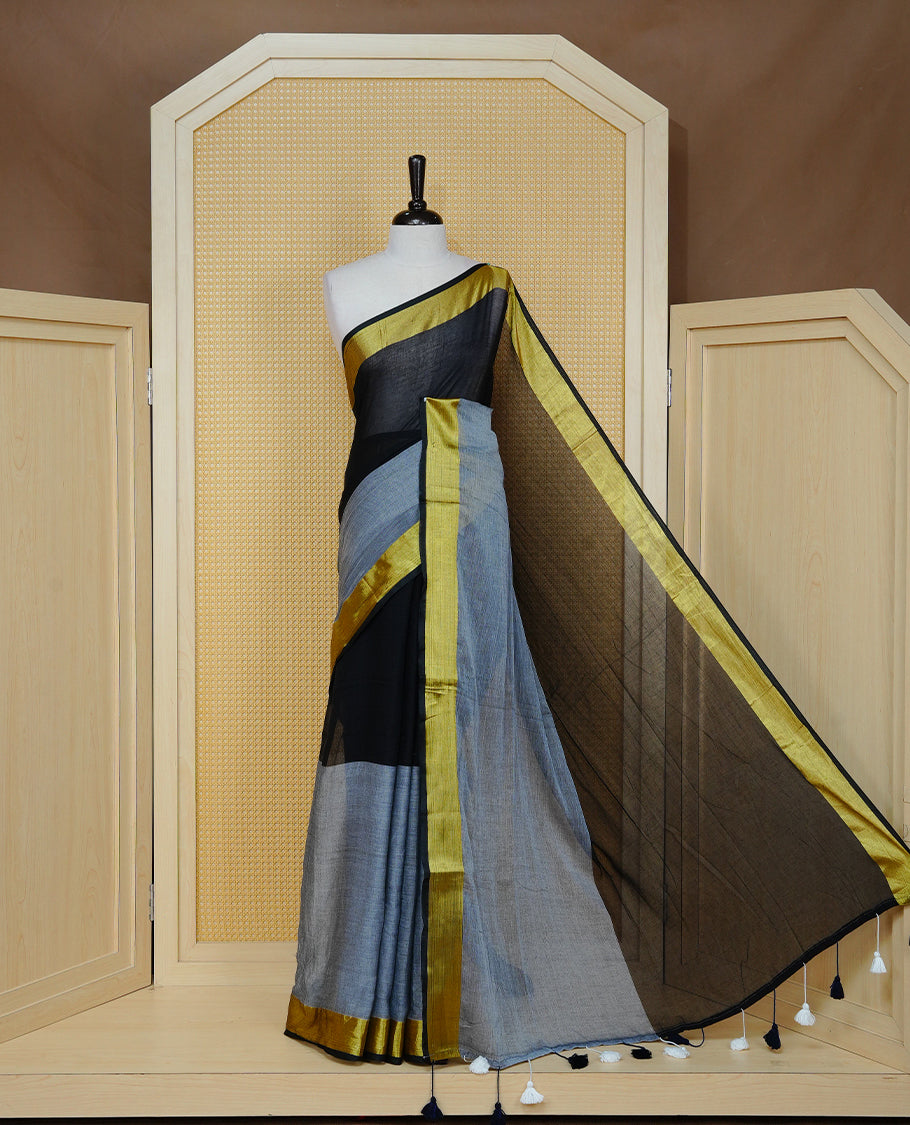 Black with Grey Dual colour Mul cotton saree featuring Half & Half Dual Tone Plain Body, Complemented by Gold tissue Border & pallu.