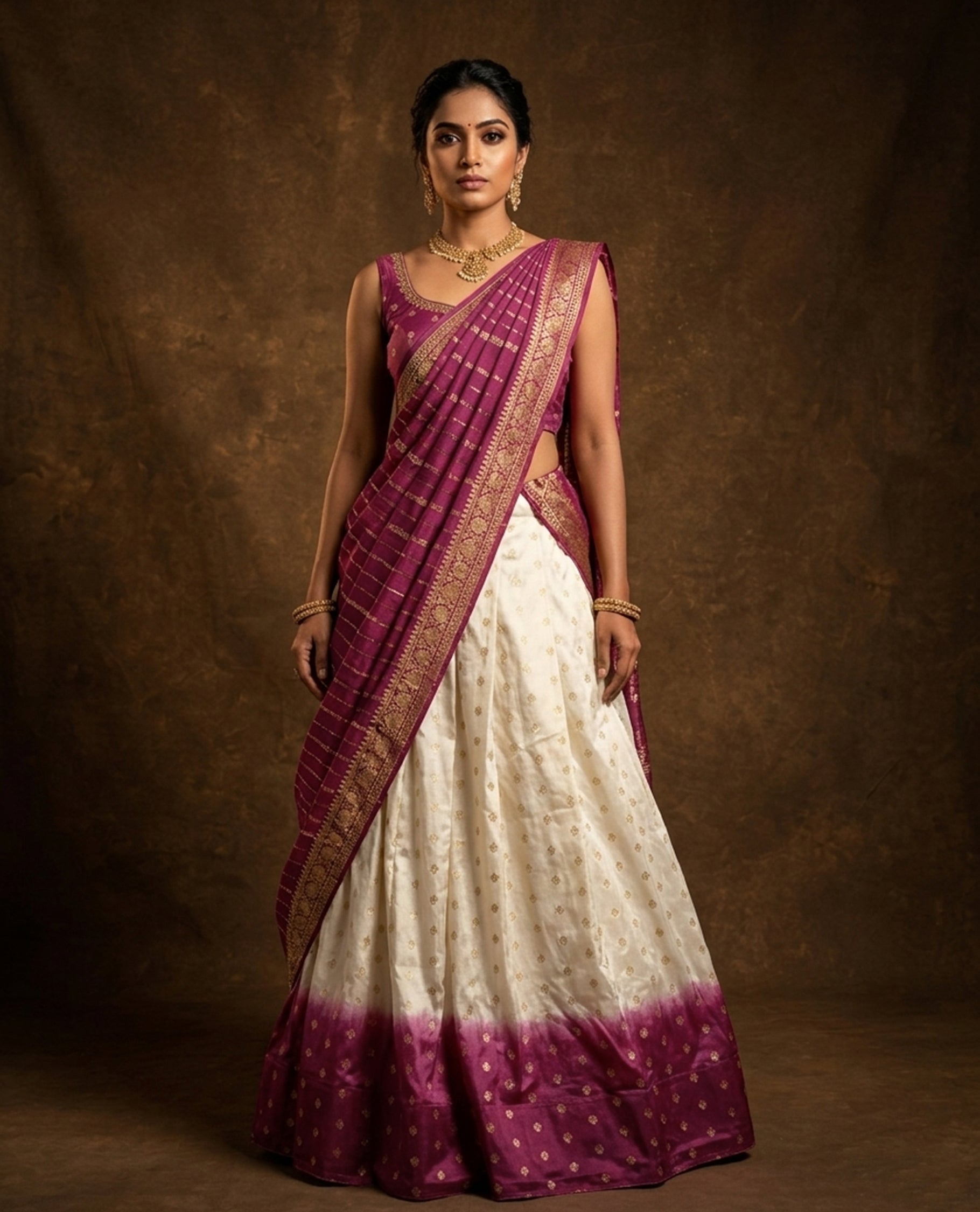 Off White colour semi stitched half saree material featuring delicate zari buttas on the blouse and skirt, paired with a contrast pink zari border and matching striped dupatta