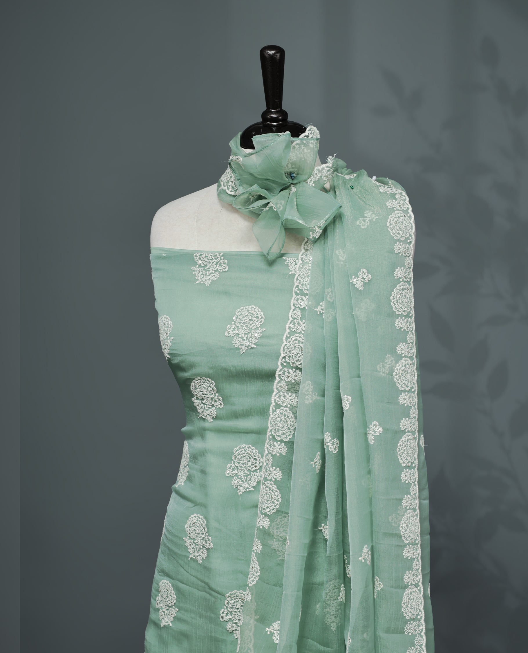 Light Emerald Green Colour Organza Salwar material Featuring White Embroidery Work On body & Matching Organza Dupatta with Same work & Scallop border, matching bottom.