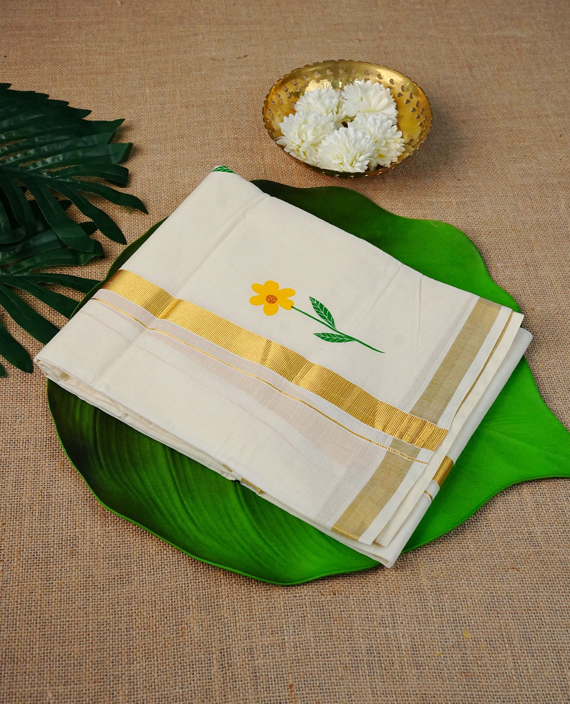 Cream Colour Cotton Double Dhoti Finished With A Classic Golden Zari Kara with Floral digital print