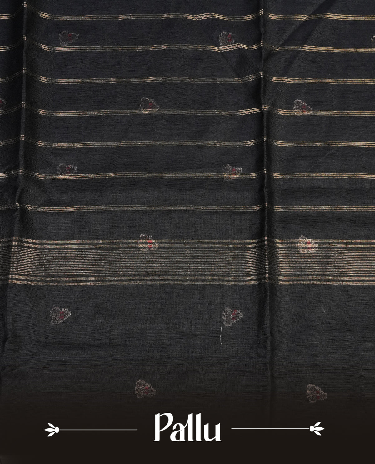 Black colour Maheshwari cotton saree, gold zari floral motifs on body, complement light pink colour gold zari border comes with matching blouse.