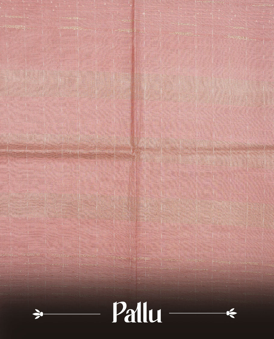 Pink colour semi jute saree highlighting gold zari stripped body with white motifs, without border and paired with matching blouse.