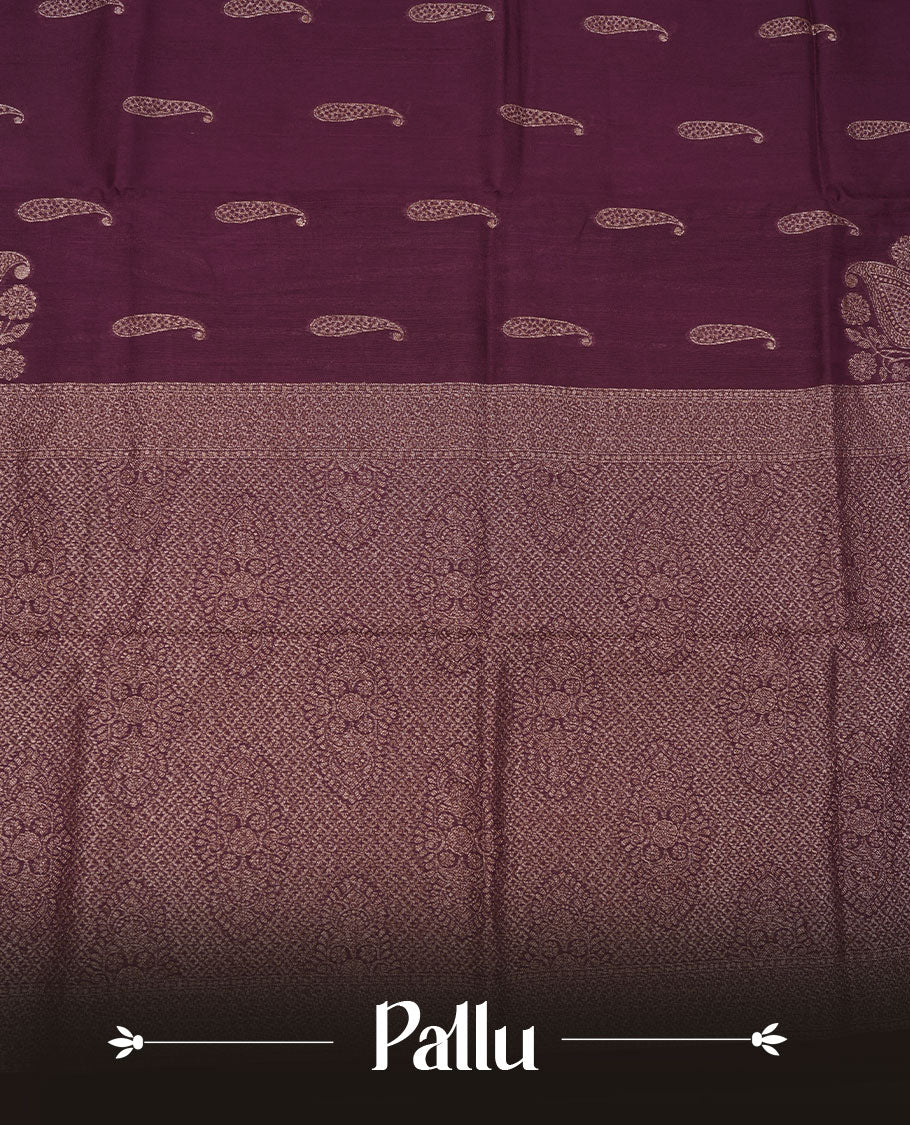 Chocolate brown colour semi banaras tussar georgette featuring gold zari leaf pattern across body, finished with gold zari border and paired with matching blouse.