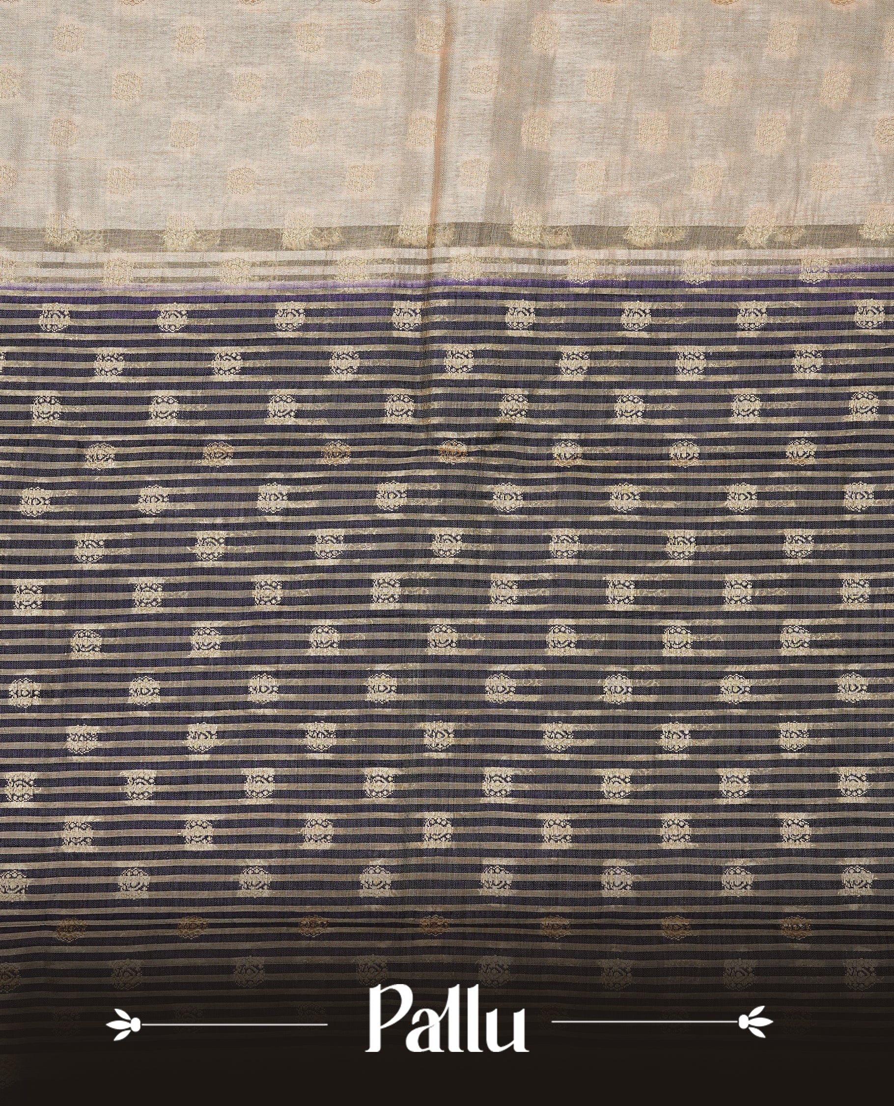 Light Gold Tussar saree featuring Gold zari buttas on body, complemented by contrast Navy Blue Colour with Gold zari border, comes with matching blouse piece.